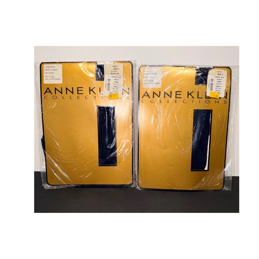 2 Anne Klein Navy Sheer to Waist Pantyhose Lycra Spandex Sz D USA